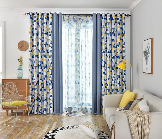 Blue and Gray Geometric Polyester Linen Curtain